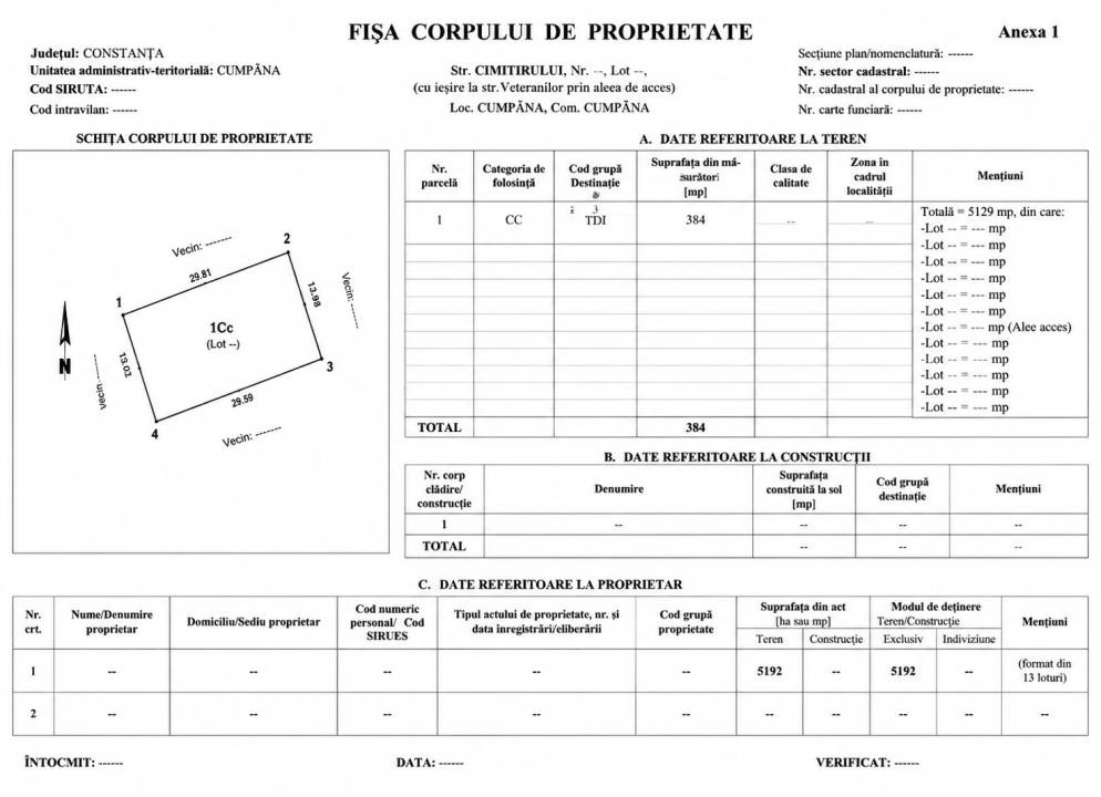 Cumpăna Teren 384 mp cu deschidere la 2 străzi toate utilitățile