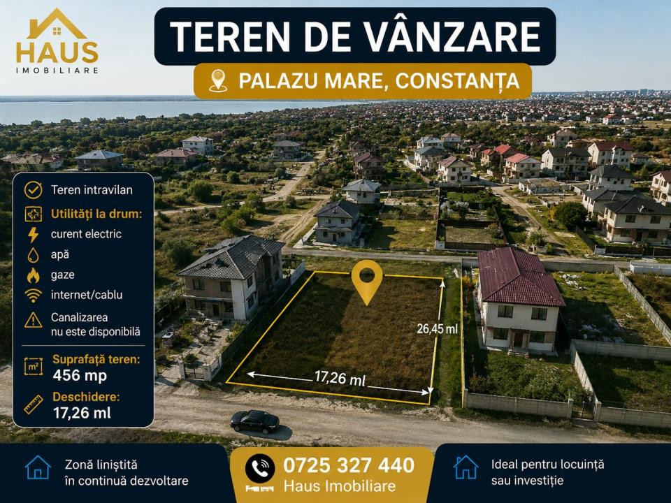 Palazu Mare  Teren Intravilan 456 mp  Deschidere 17,80 ml  Utilități la Drum