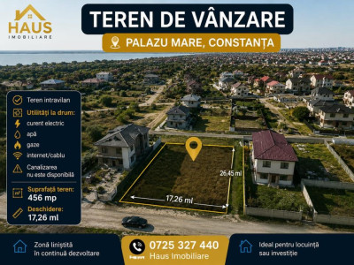 Palazu Mare  Teren Intravilan 456 mp  Deschidere 17,80 ml  Utilități la Drum